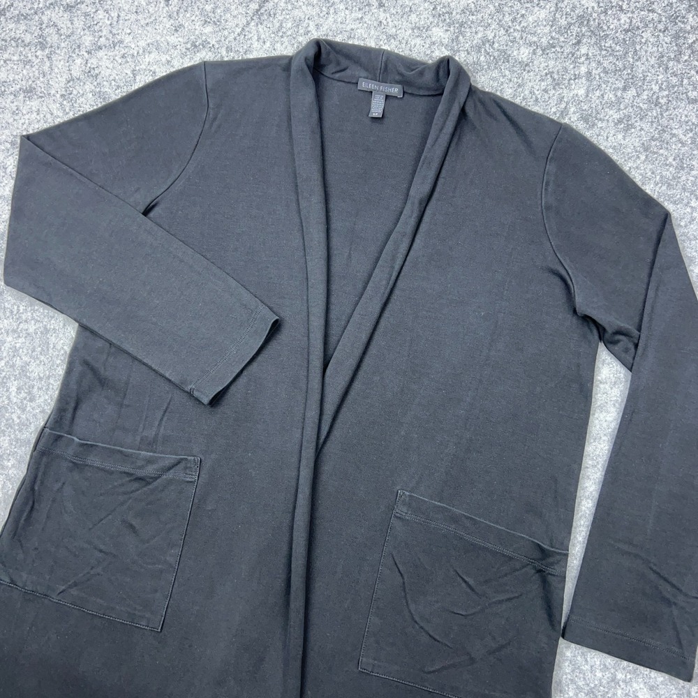 Eileen Fisher Cardigan Womens Small Black Open Duster Kimono Sweater‎ Pockets